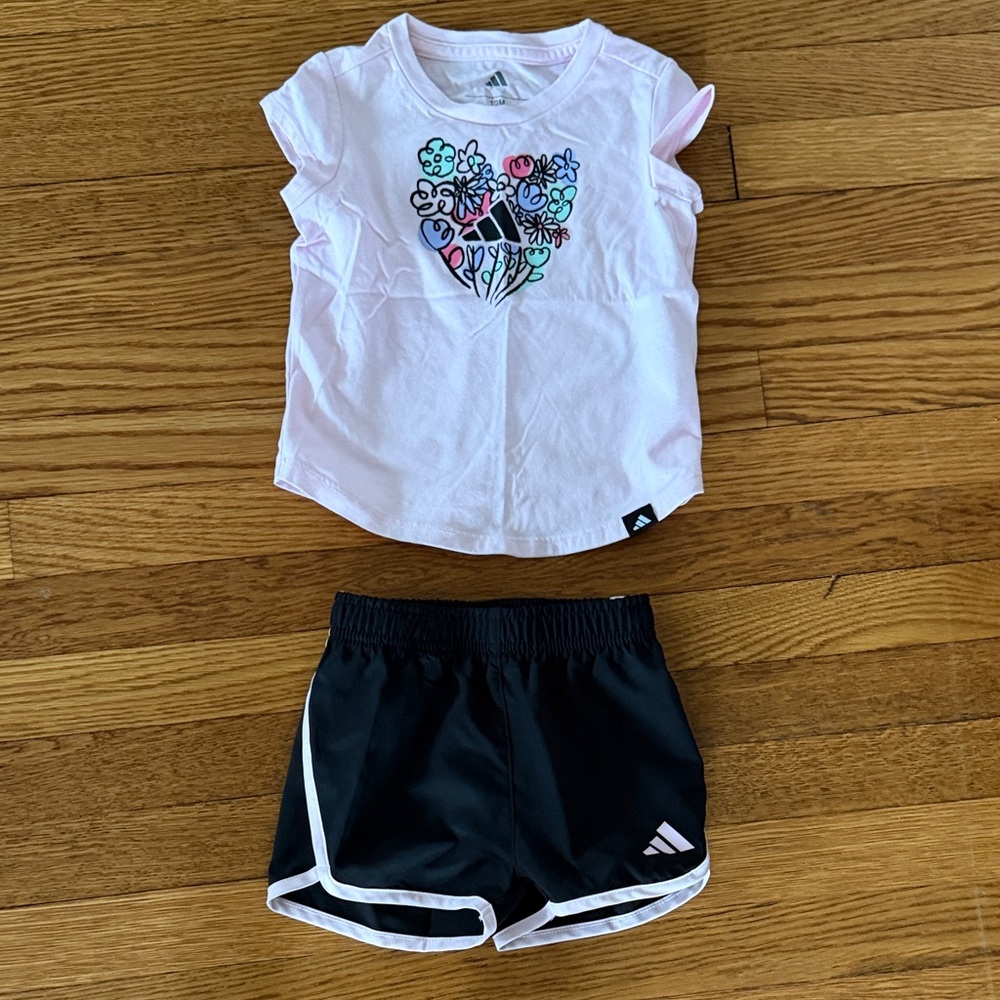 Adidas White Tee with Floral Design and Black Shorts